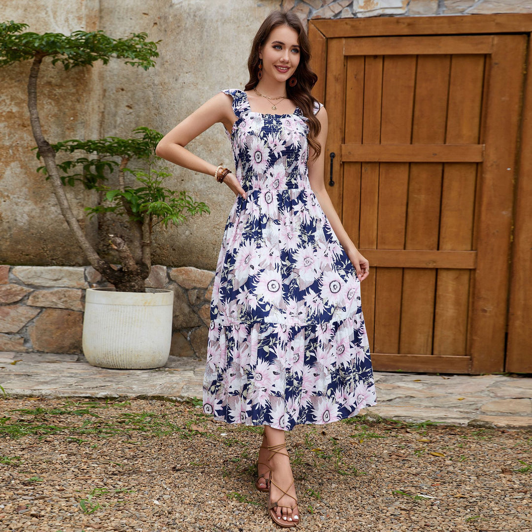 Femme Smocked Floral Maxi Kjole med Rüschen-stropper Stilla