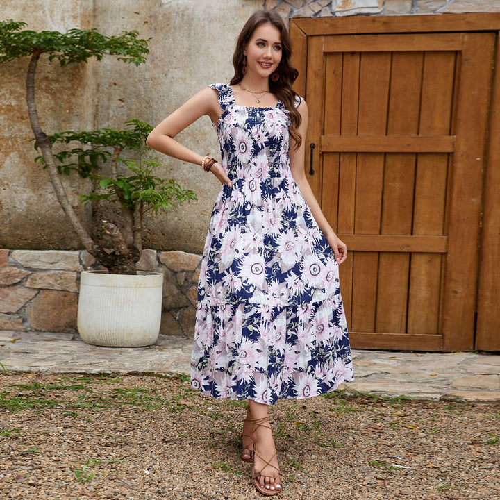 Femme Smocked Floral Maxi Kjole med Rüschen-stropper Stilla