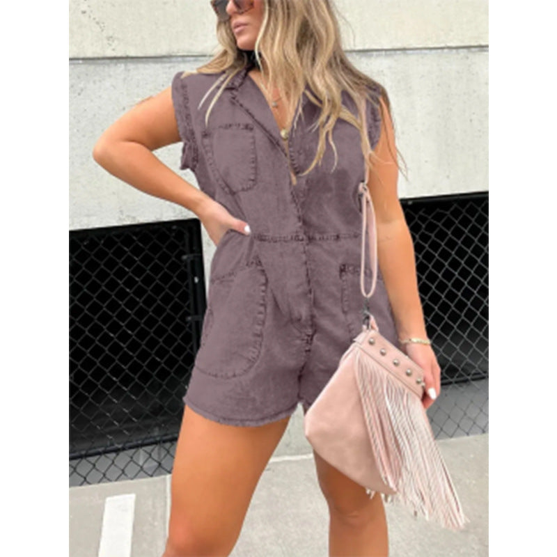 Dame trendy Jeans-overall med lommer og kortærmet Stilla