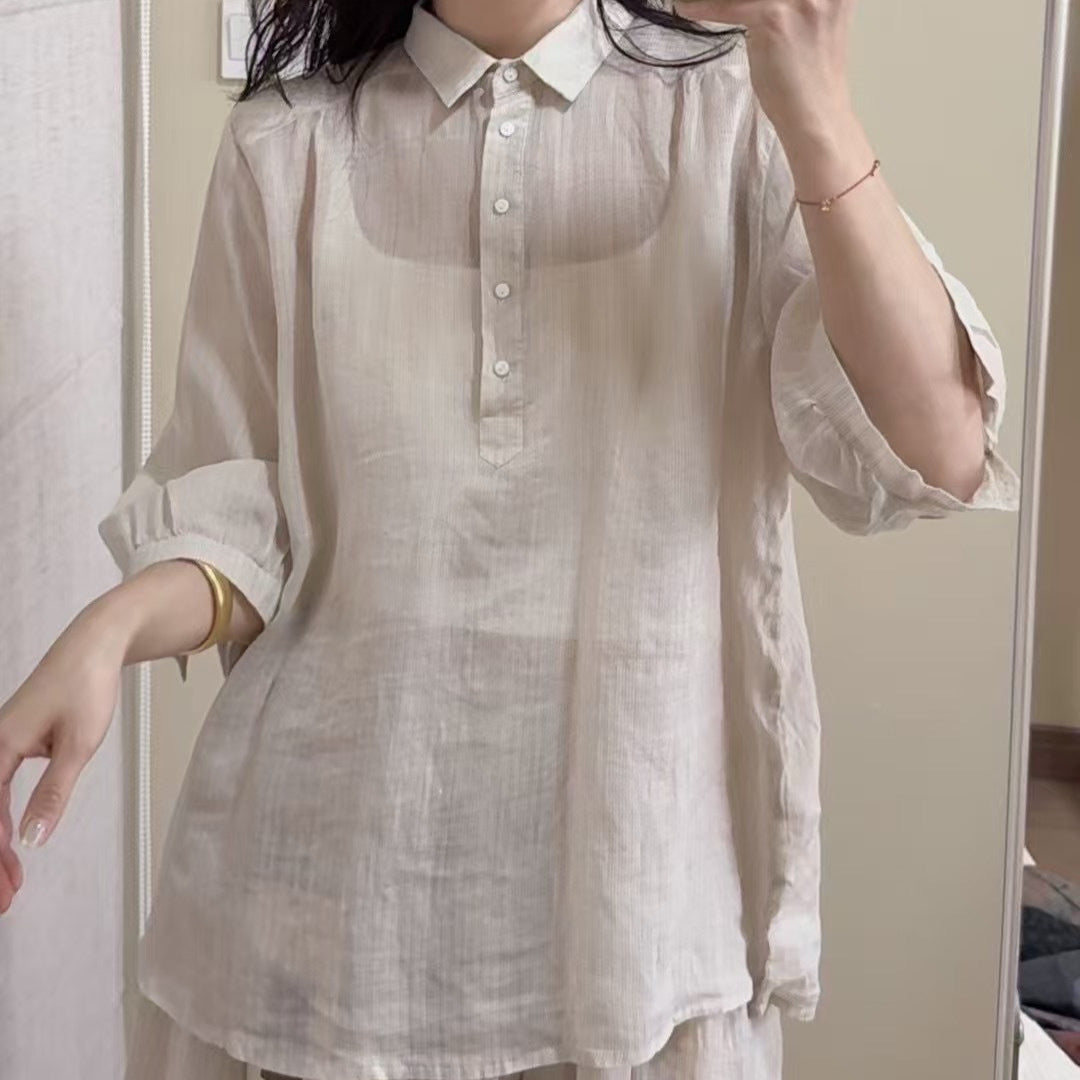 Femme Klassisk Linned Knap-Bluse Stilla