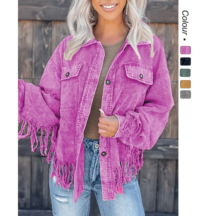 Kvinders frynsejakke lavet af denim i en afslappet oversized pasform