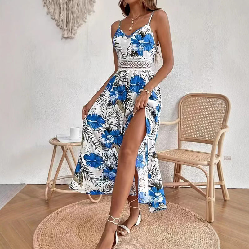 Dame Maxikjole med elegante sidespring og florale motiver Stilla