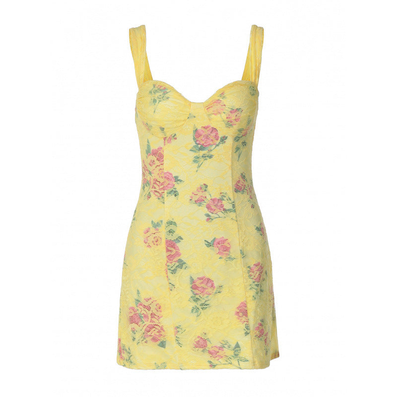 Damen Figurbetontes Sommerkleid mit Blumendruck und Herz-Ausschnitt Skovae