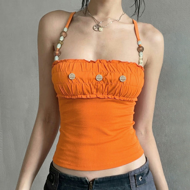 Damen Spitzen-Crop-Top mit dekorativem Rüschen und Knopfdetails Skovae