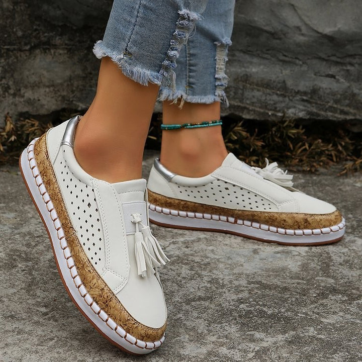 Dame komfortable Slip-On Sneakers med stilfulde fransender og korksål Stilla