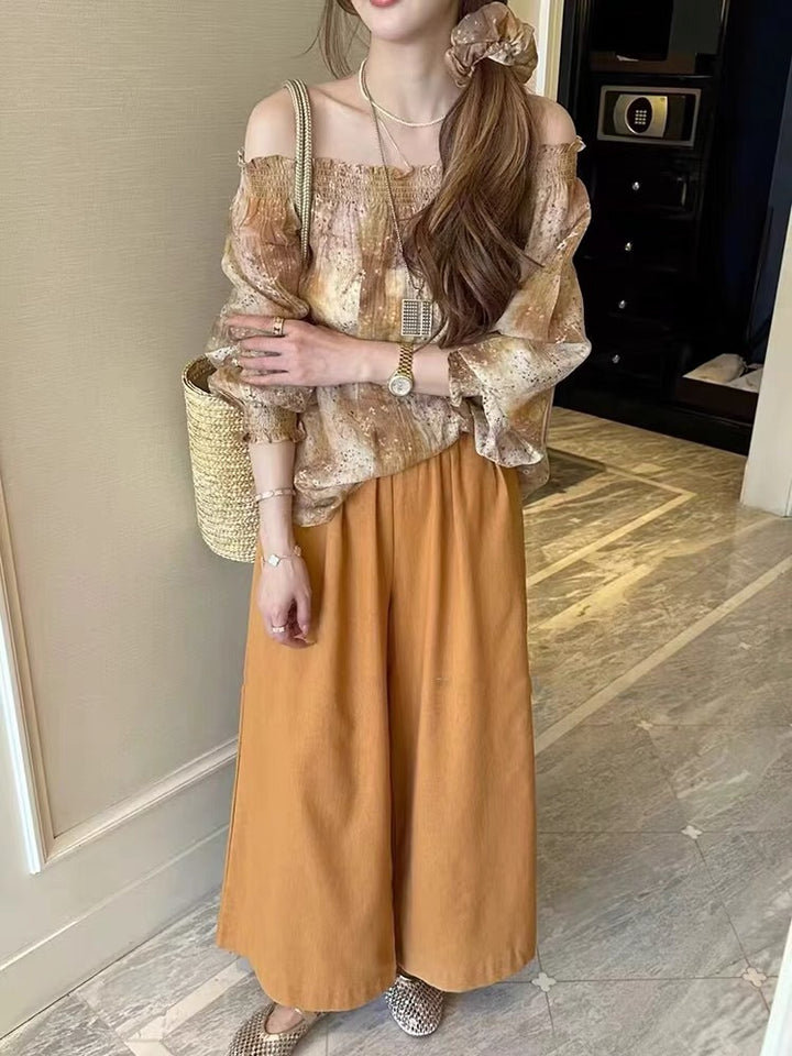 Dame bred bluse med flæseærmer og elegant høj talje bukser Stilla