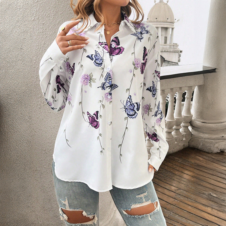 Dame Langærmet bluse med blomstertryk og elegante butterfly-applikationer Stilla