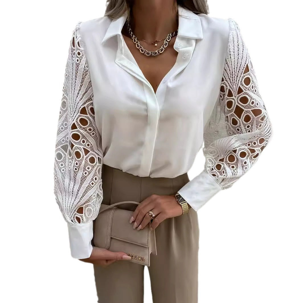 Dame Elegant bluse skjorte med spids og lange ærmer Stilla