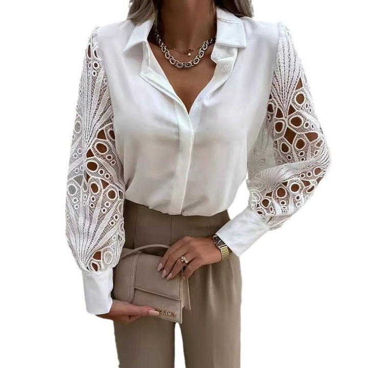 Dame Elegant bluse skjorte med spids og lange ærmer Stilla