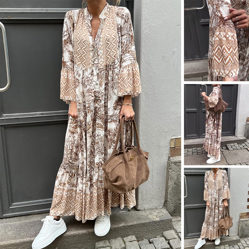 Dame Maxikjole med florale mønstre og elastisk taljesnit Stilla