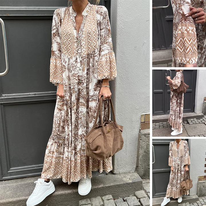 Dame Maxikjole med florale mønstre og elastisk taljesnit Stilla
