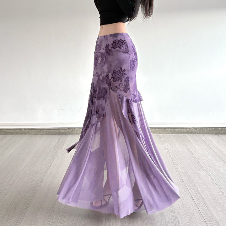 Dame Maxi-nederdel med blomstret design og asymmetrisk snit Skovae