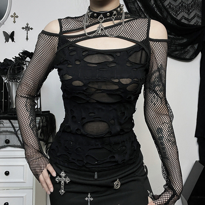 Dame Mode top med transparent mesh design og raffinerede cut-outs Skovae
