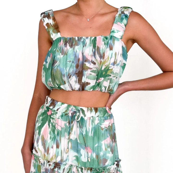 Dame tre-delt sæt med crop-top, maxiskørt og blomster mønster Stilla