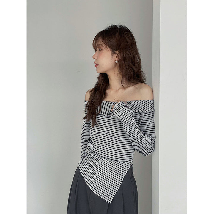 Damer Off-Shoulder Strikketop med asymmetrisk kant og stribemønster Stilla
