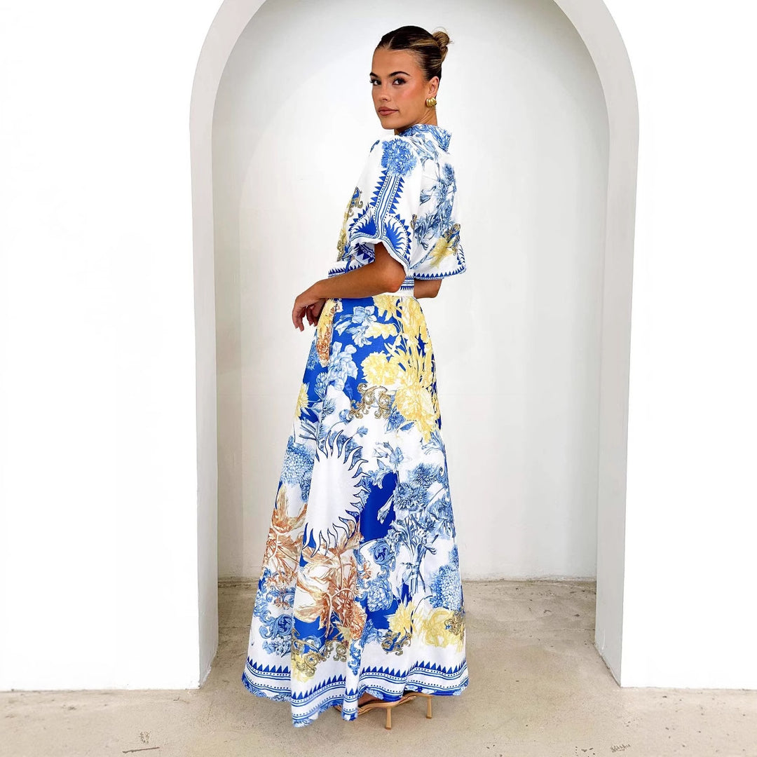 Dame elegante maxi kjole med blomsterdesign og slids på kanterne Skovae