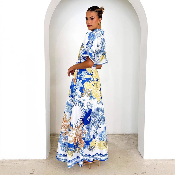 Dame elegante maxi kjole med blomsterdesign og slids på kanterne Skovae