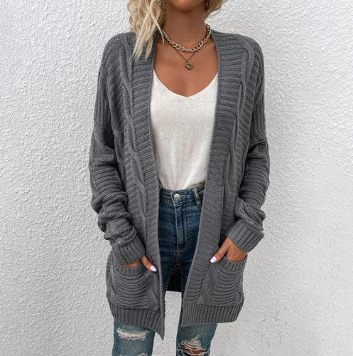 Kvinders chunky strikket cardigan med lommer og åbent frontdesign Stilla
