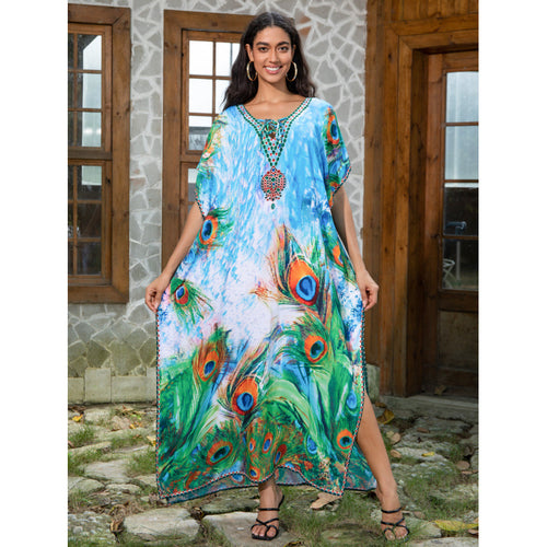 Dame Strandkaftan med kunstnerisk påfuglemotiv og fine detaljer Stilla