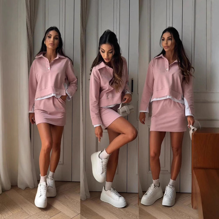 Kvinders fashionable sweatshirt og kort kjole sæt Skovae