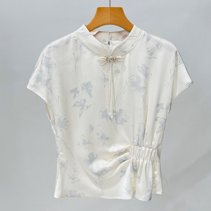 Damebluse med blomsterdesign og raffineret rynkeelement Stilla