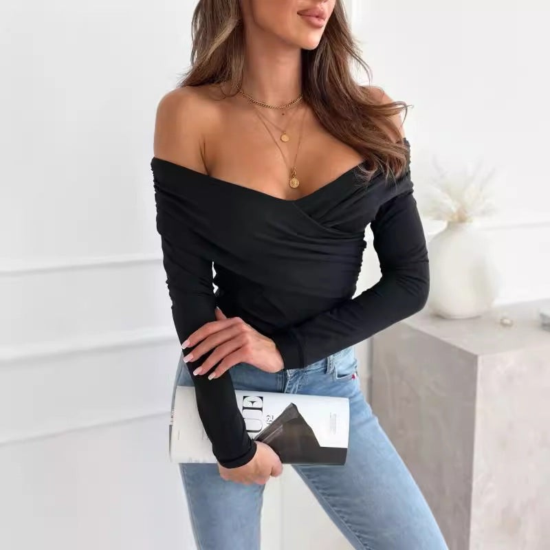 Dame Off-Shoulder Bluse med raffineret indpakningsdesign og elegante lange ærmer Stilla