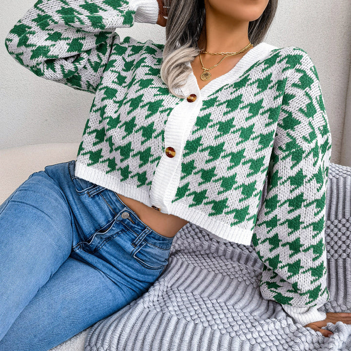 Dame Kort skåret strikjakke med moderne houndstooth-mønster Stilla