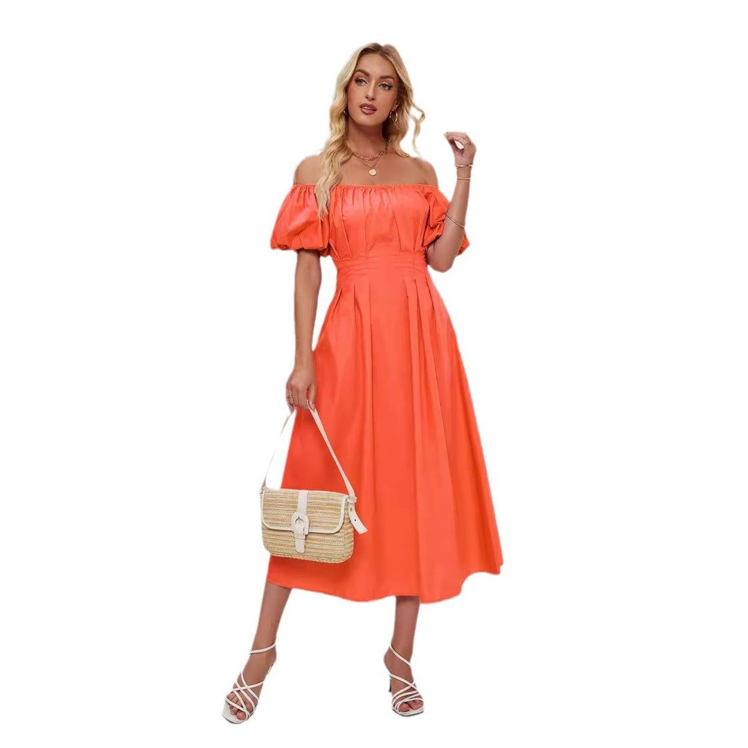 Dame Off-Shoulder Maxikjole med volumniøse puffærmer og tætsiddende snit Stilla