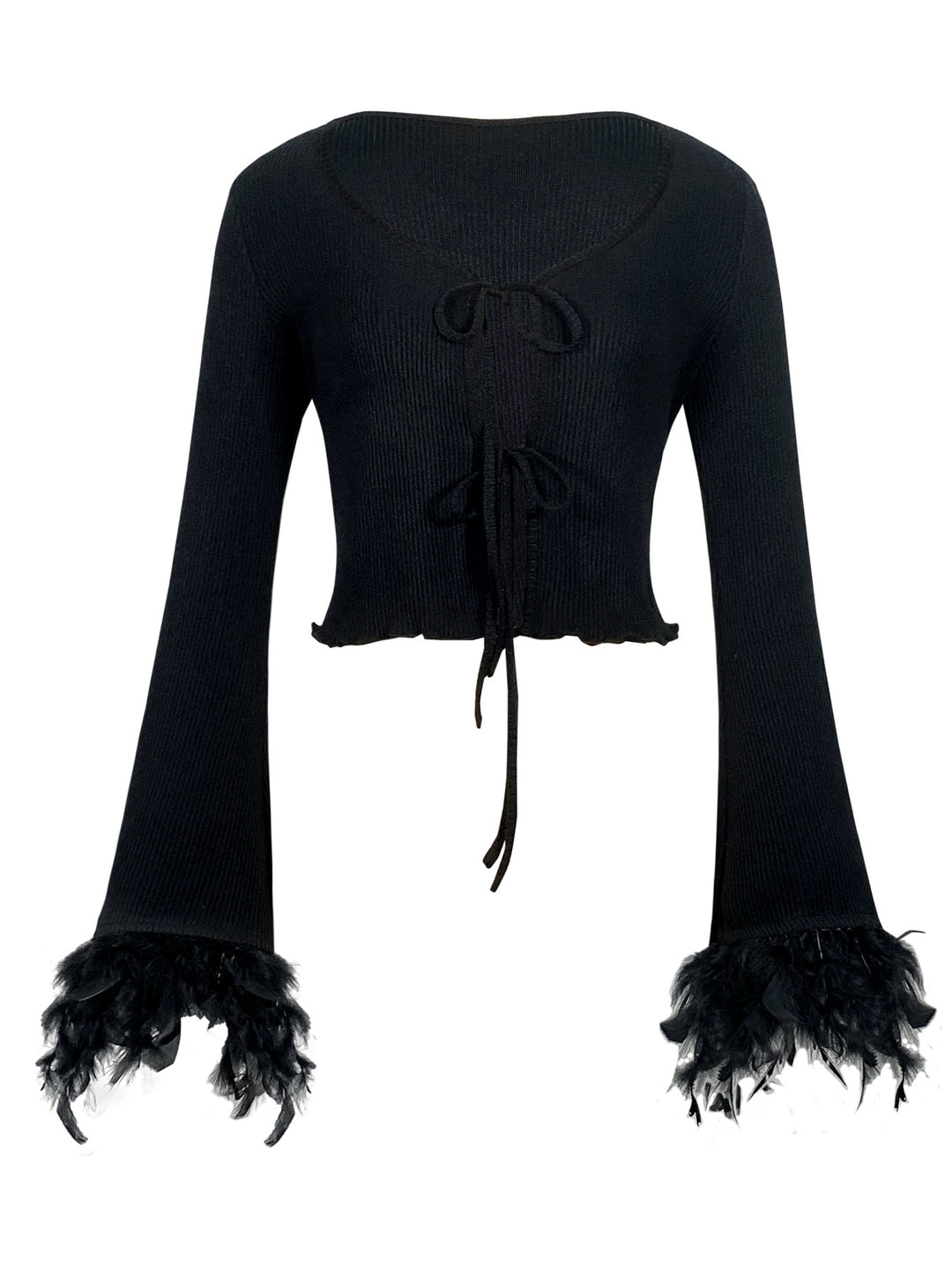 Dame moderigtig crop-pullover med raffinerede fjer på ærmerne Stilla
