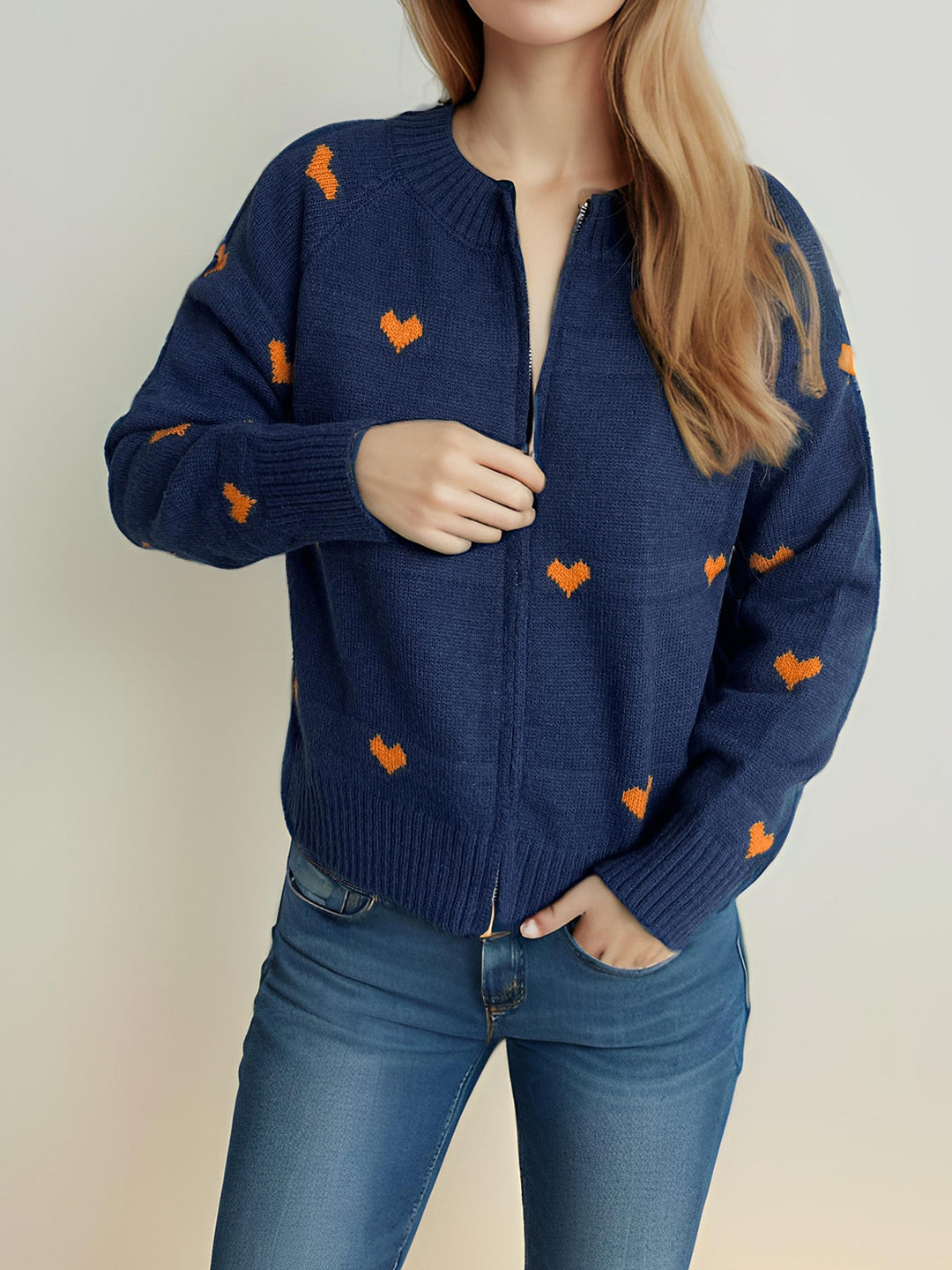 Dame modernekstrik cardigan med hjerte mønster og lynlås Stilla