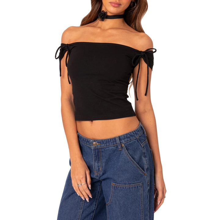 Dame raffineret Off-Shoulder T-shirt med elegante bindebånd Skovae