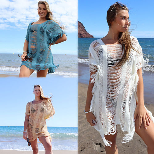 Dame Strandponcho med frynset kanter og luftig silhuet Stilla