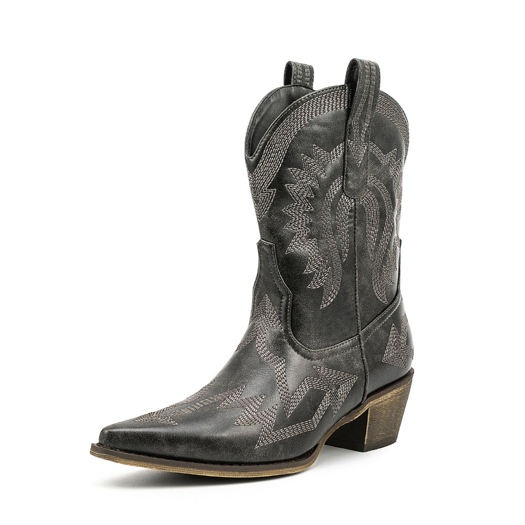 Femme Distressed Læder Cowboy Støvler med detaljeret Broderi Stilla