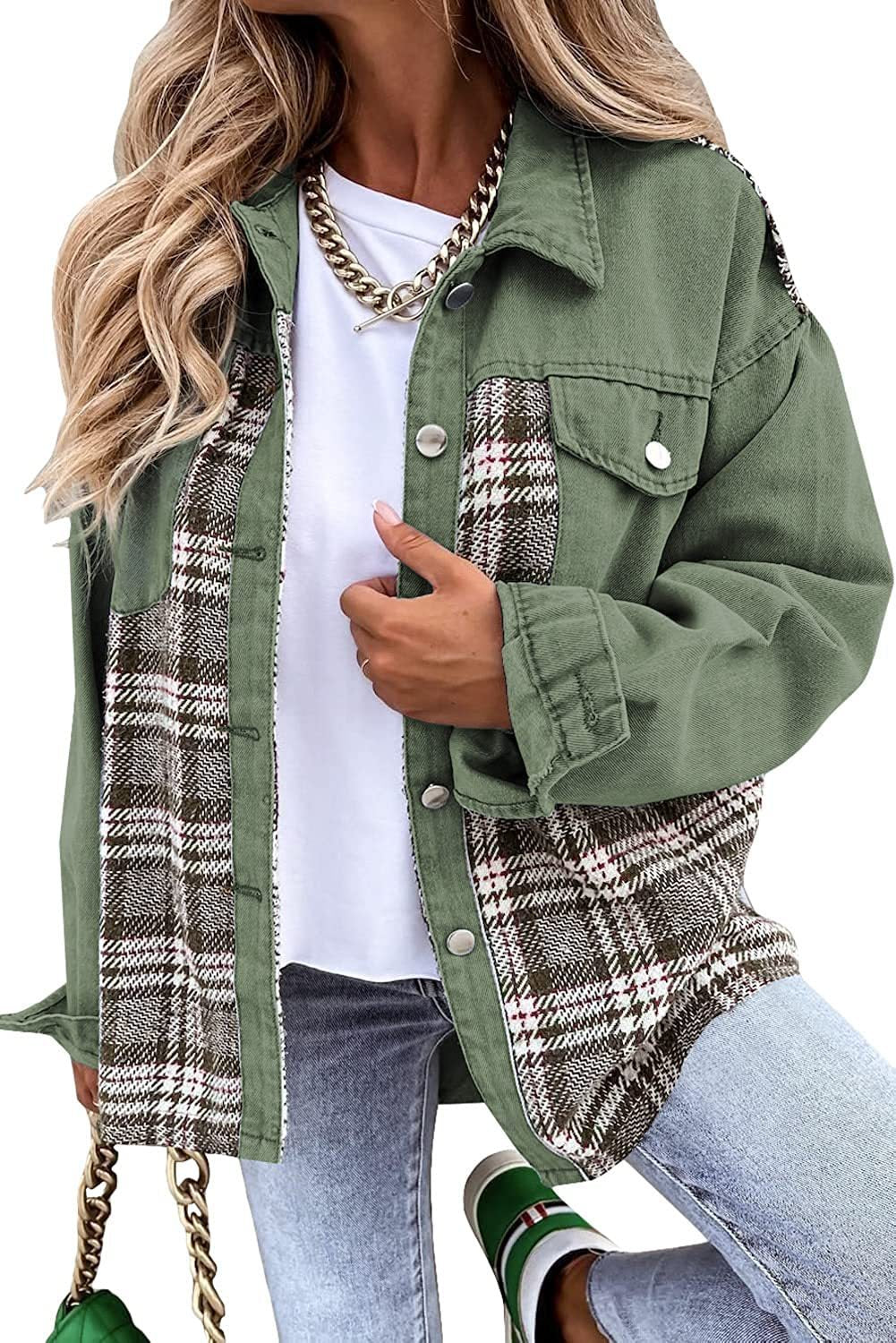 Dame Oversized Jeansjakke med ternet mønster og knapdetaljer Stilla