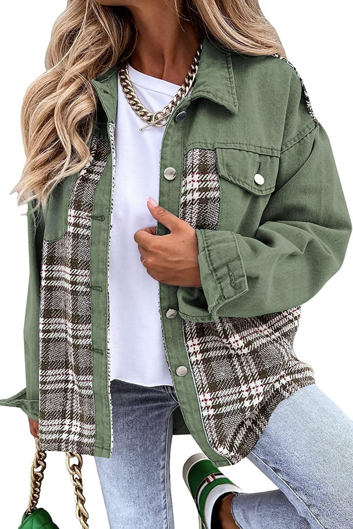 Dame Oversized Jeansjakke med ternet mønster og knapdetaljer Stilla