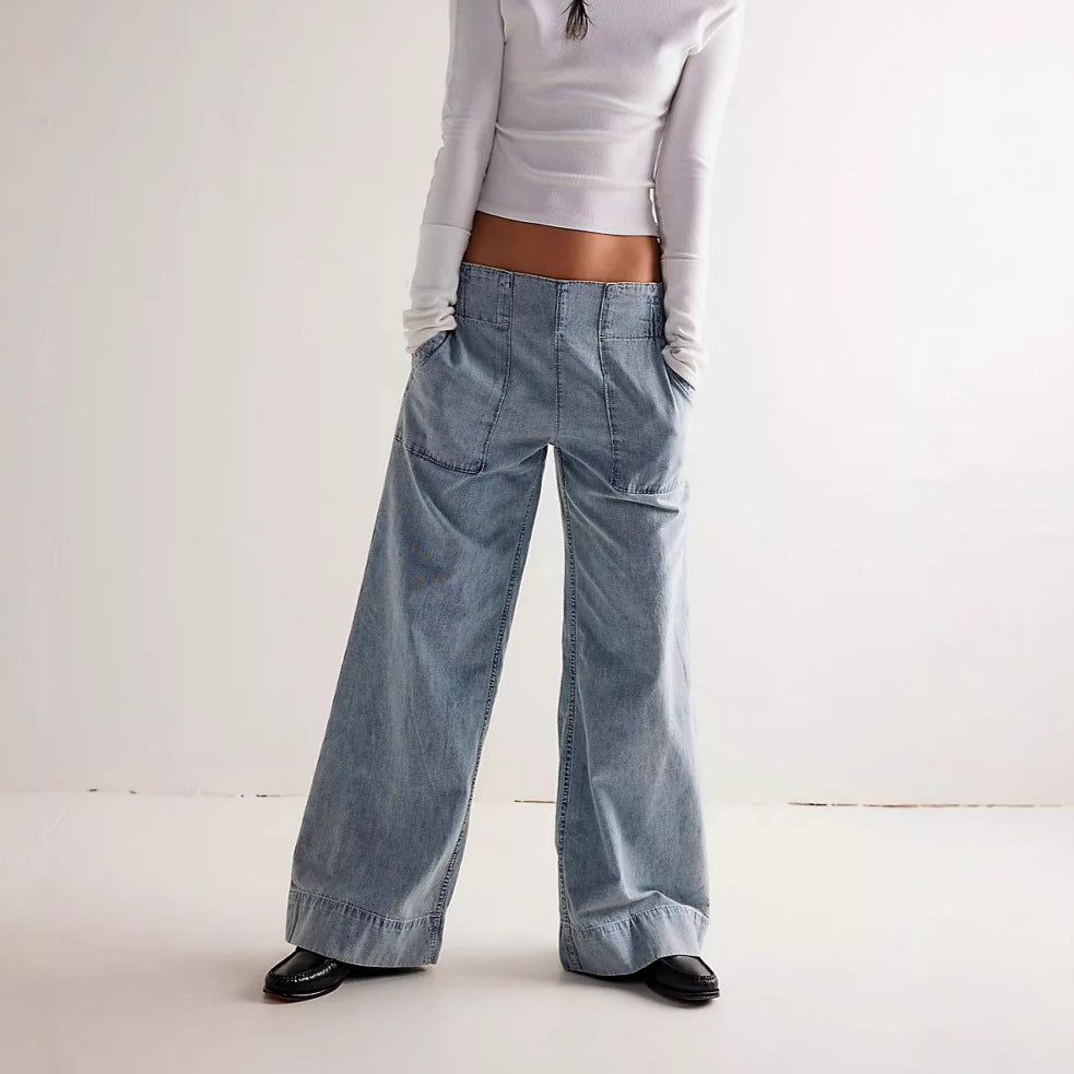 Dame bred denim-stretchbukser med høje lommer og elastisk talje Stilla