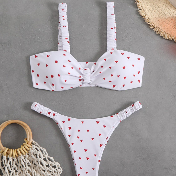 Dame trekant-bikini med tropisk print og fine flæser Skovae