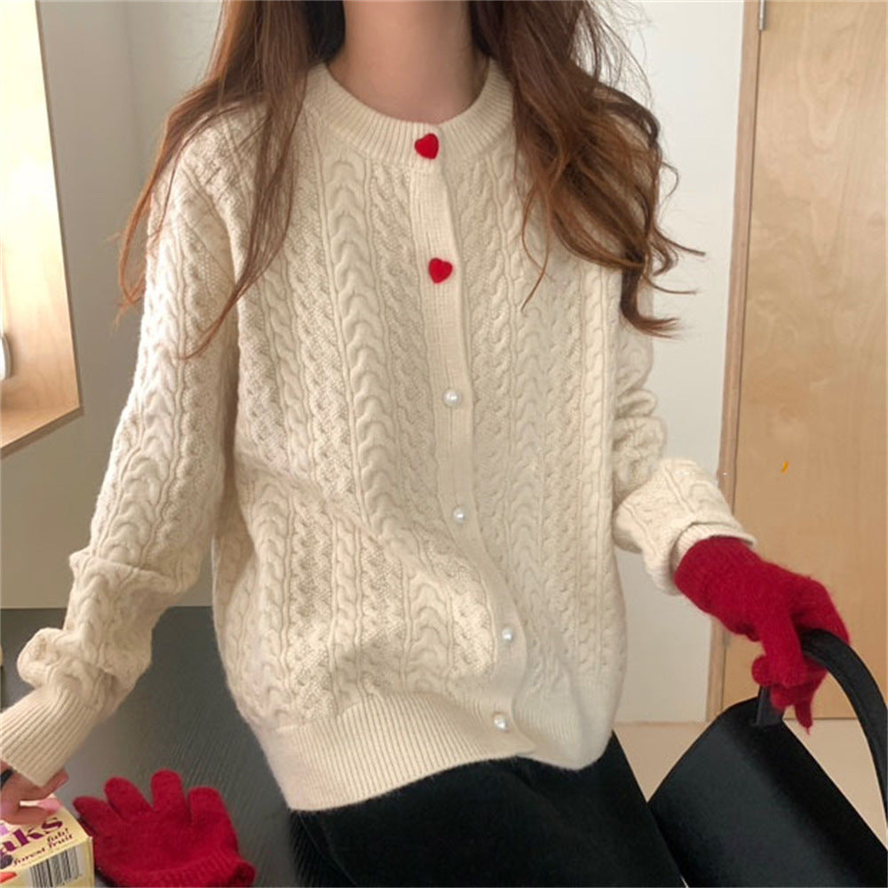 Femme Kabelstrik-Cardigan med hjerteknapdetalje Stilla