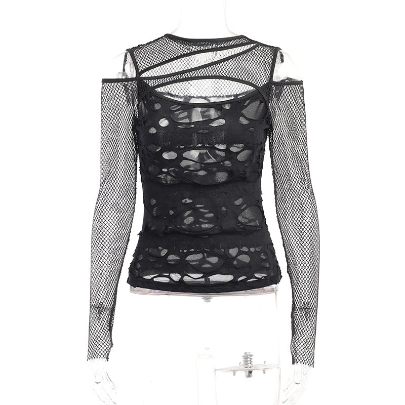Dame Mode top med transparent mesh design og raffinerede cut-outs Skovae