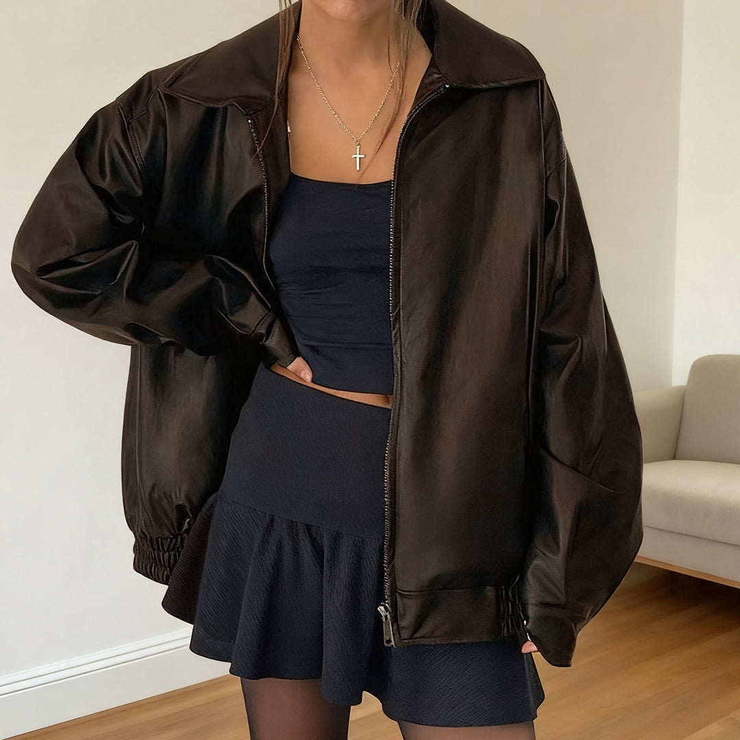 Dame Kunstlæderjakke i afslappet oversized stil med elastiske manchetter Skovae