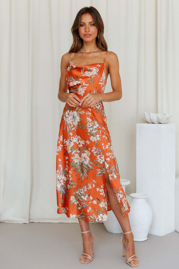 Dame Floral Satin Maxikjole med Slids Stilla