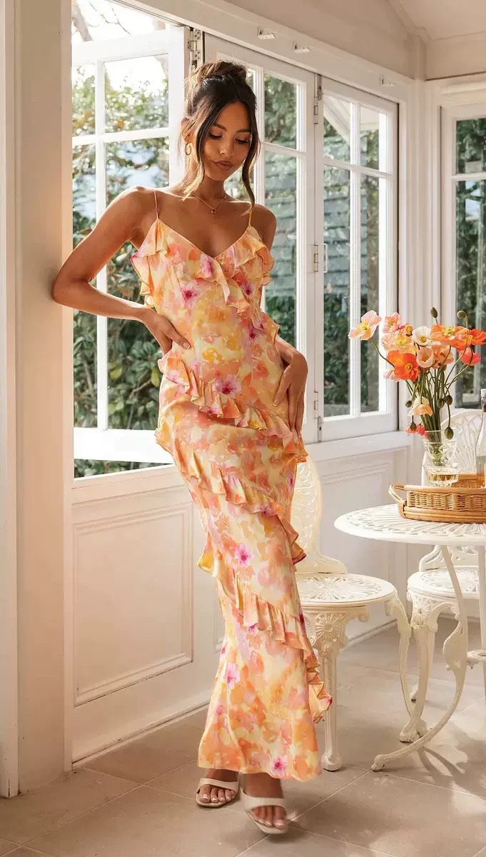 Dame Lang Maxi Kjole med Legende Flæsedetaljer og Blomsterprint