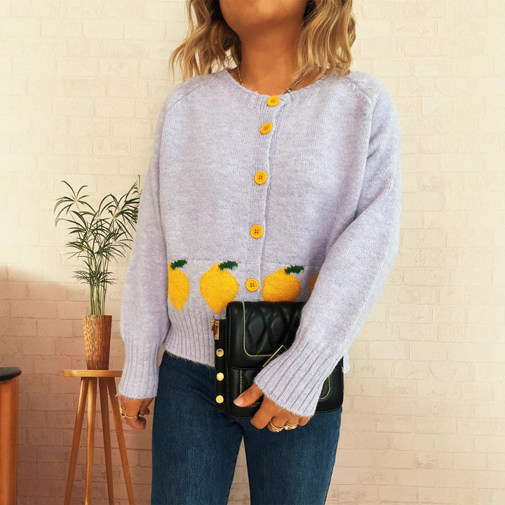 Kvinders hyggelige cardigan med citrussymbol og farverige knapper Stilla