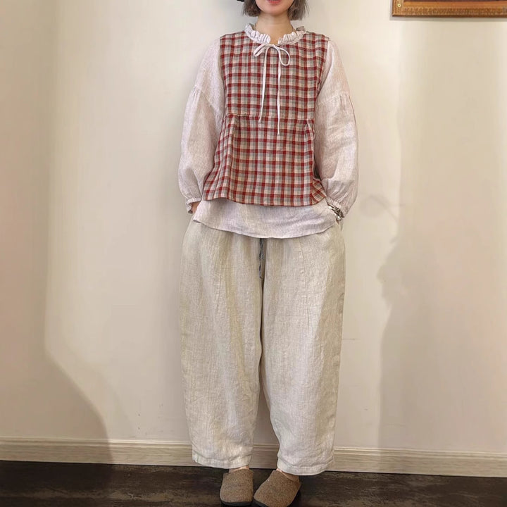 Femme stribet ærmeløs bluse med plisseret kant Stilla