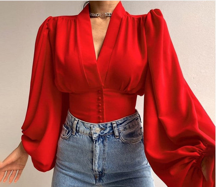 Stilla | Romantisk V-hals lanternemansjett bluse top