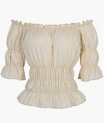 Dame Off-Shoulder Bluse med flæsedetalje og elastisk talje Stilla