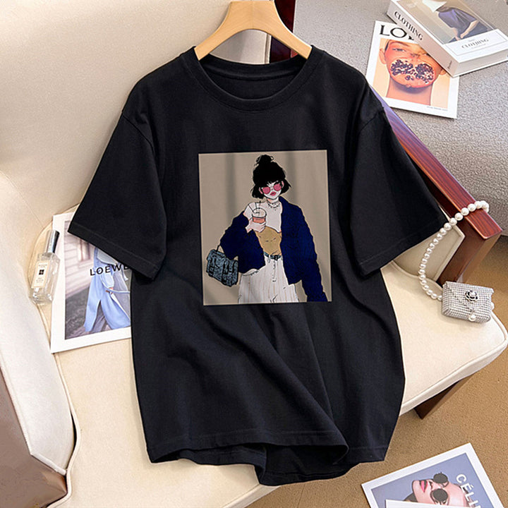 Dame T-shirt med kreativ modeillustrationstryk og afslappet snit Stilla