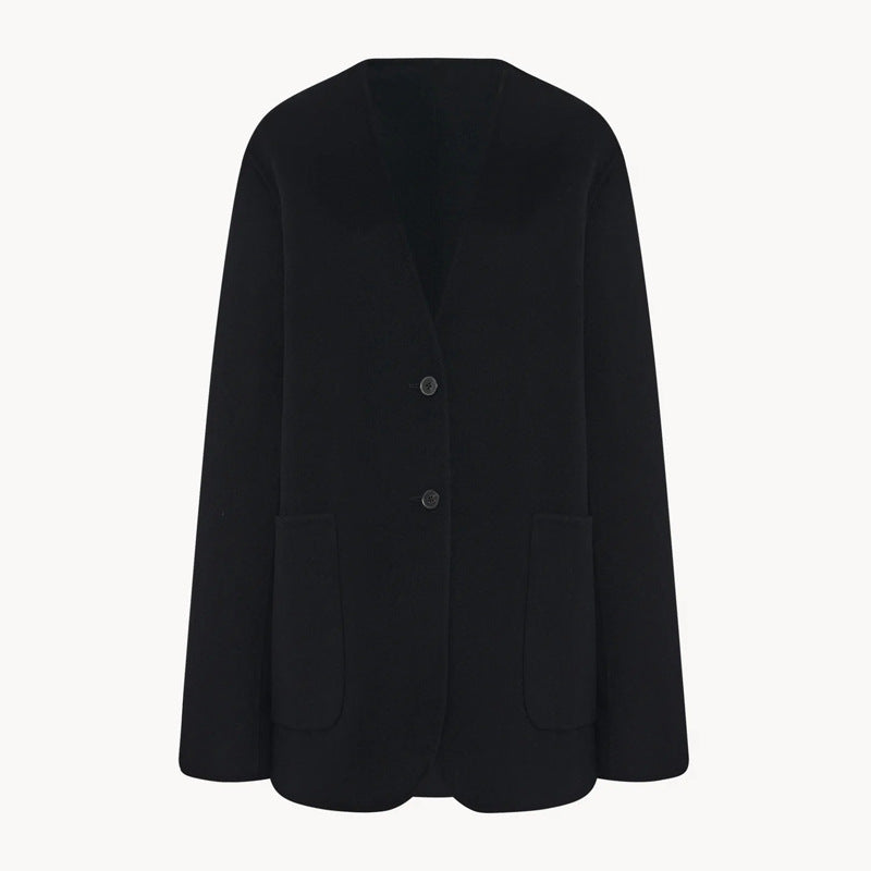 Kvinders elegante strikket blazer med store revers og praktiske lommer Stilla