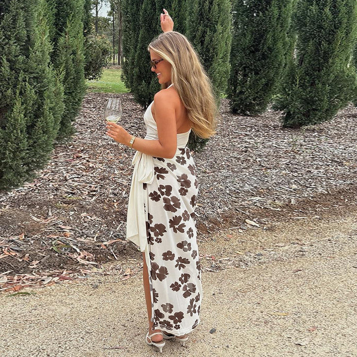 Dame Elegant Wrap Kjole med Blomsterdesign og Dyb V-Hals Stilla