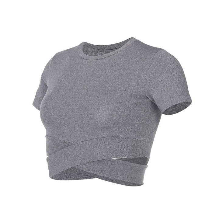 Dame kortærmet træning crop top med innovativ indpakningsoptik Skovae